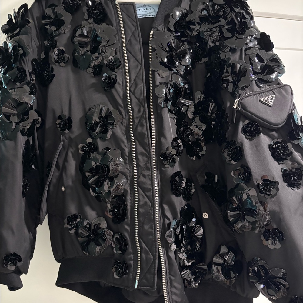 PRADA 2022 Runway Re-nylon flower applique black oversized bomber XS
